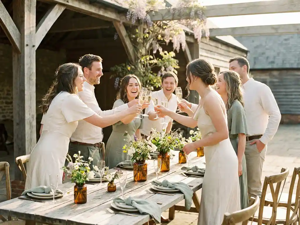 Sechs Hochzeitsgäste stoßen lachend mit Champagnergläsern an einem rustikalen Holztisch im sonnigen Gutshof an, Wildblumen-Tischdeko, goldenes Nachmittagslicht.