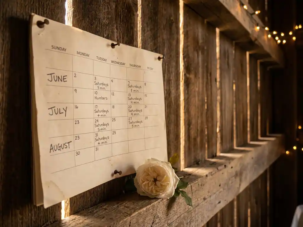 Vollgepackter Wandkalender in rustikaler Scheune mit markierten Sommerterminen, weißer Rose am Rand, warmem Sonnenlicht durch Holzdielen.