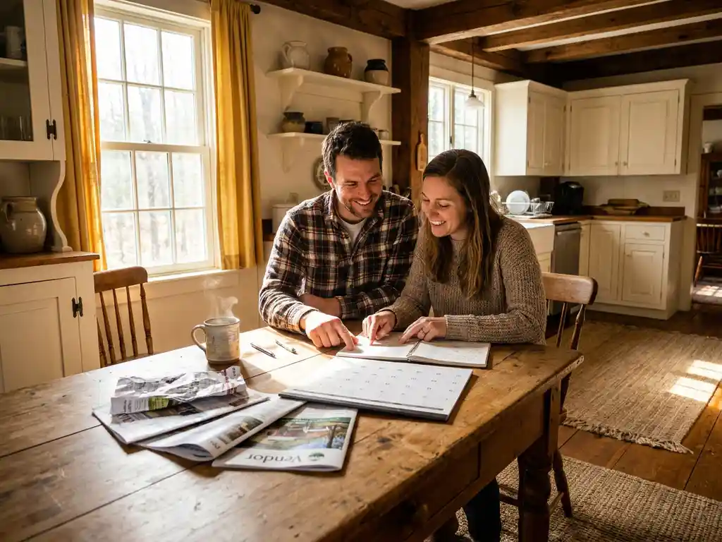 Lächelndes Paar plant Hochzeit am Holztisch mit Papierkalender, Anbieterbroschüren und Kaffeetasse in heller Landhausküche.