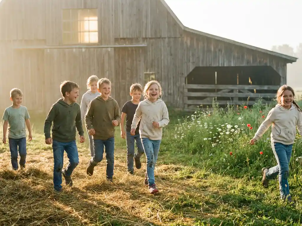 Kinder lachen und rennen ausgelassen über einen sonnenbeschienenen Bauernhof mit verwitterter Holzscheune und Wildblumen im Hintergrund.