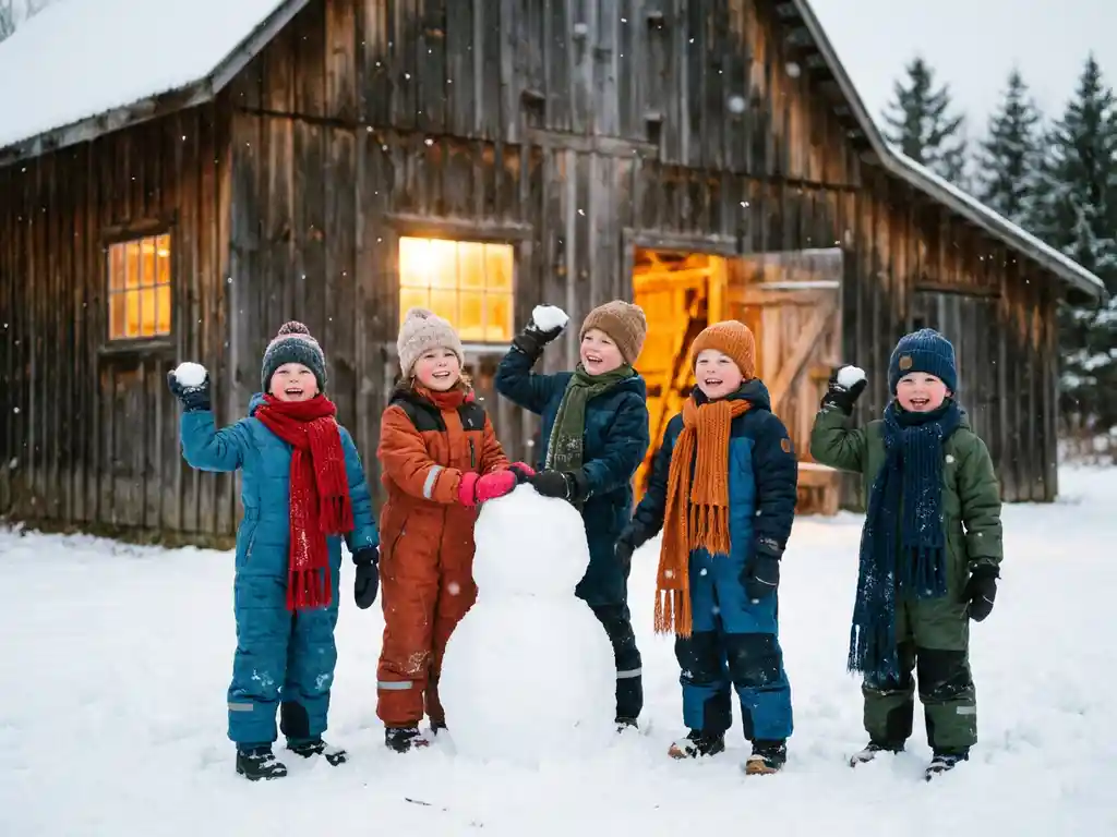 Kinder in bunten Winterkleidern spielen lachend im Schnee vor einer rustikalen Holzscheune mit warmem Lichtschein.