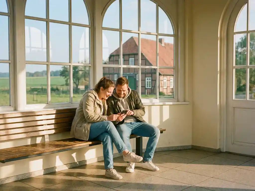Lächelndes Paar in Alltagskleidung prüft Zugfahrplan auf dem Smartphone an einem sonnigen Bahnhof in Niedersachsen.