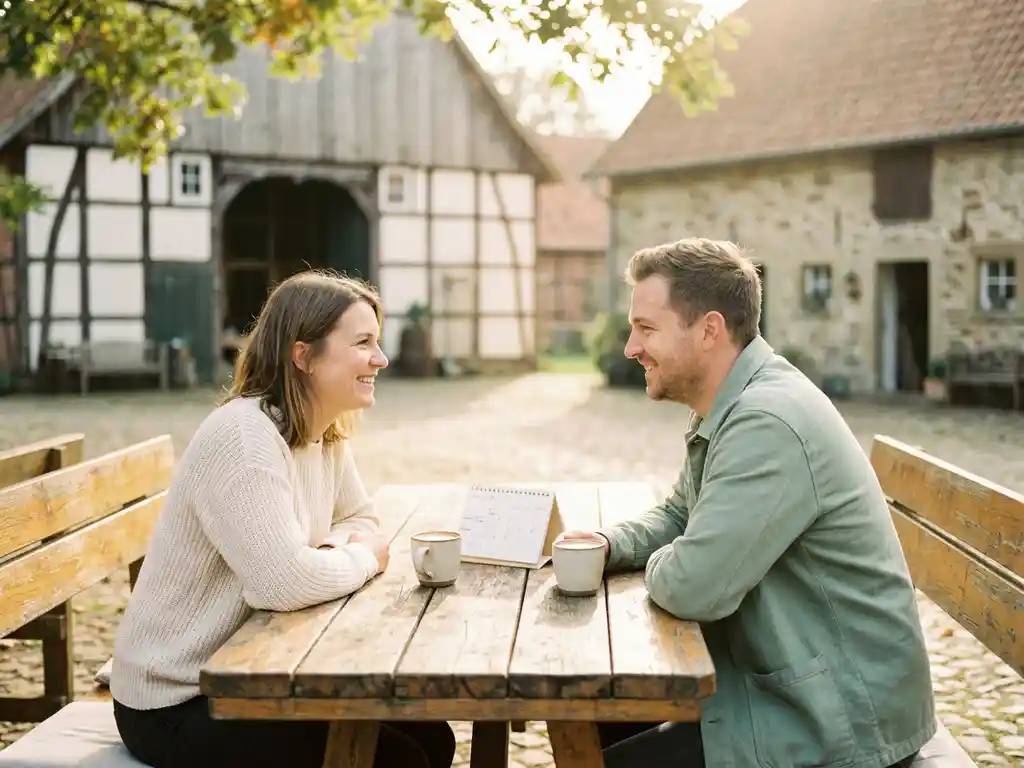 Paar in Alltagskleidung an rustikalem Holztisch eines Hofcafés in Niedersachsen, Kaffeetassen und Kalender, warmes Morgenlicht.