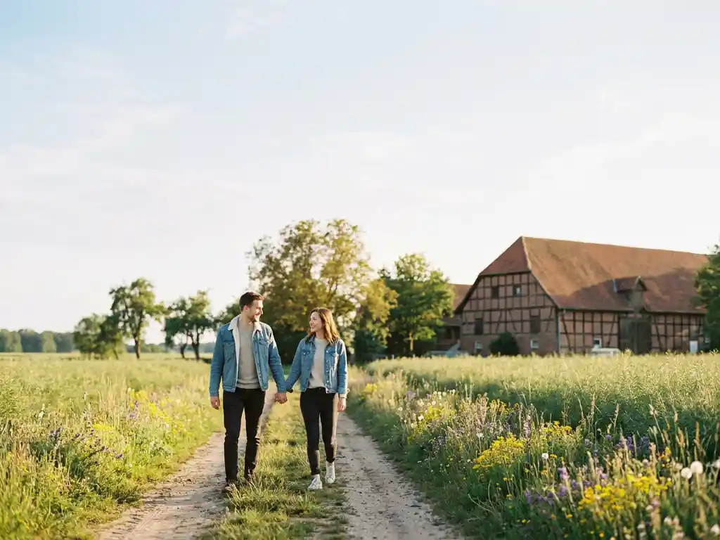 Lächelndes Paar spaziert Hand in Hand durch sonnenbeschienenes Spargelfeld in Niedersachsen mit Bauernhof im Hintergrund.