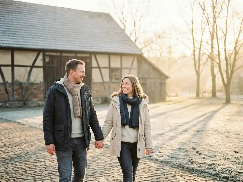Verliebtes Paar in Alltagsoutfits beim Spaziergang durch einen winterlichen niedersächsischen Bauernhof im Januar.