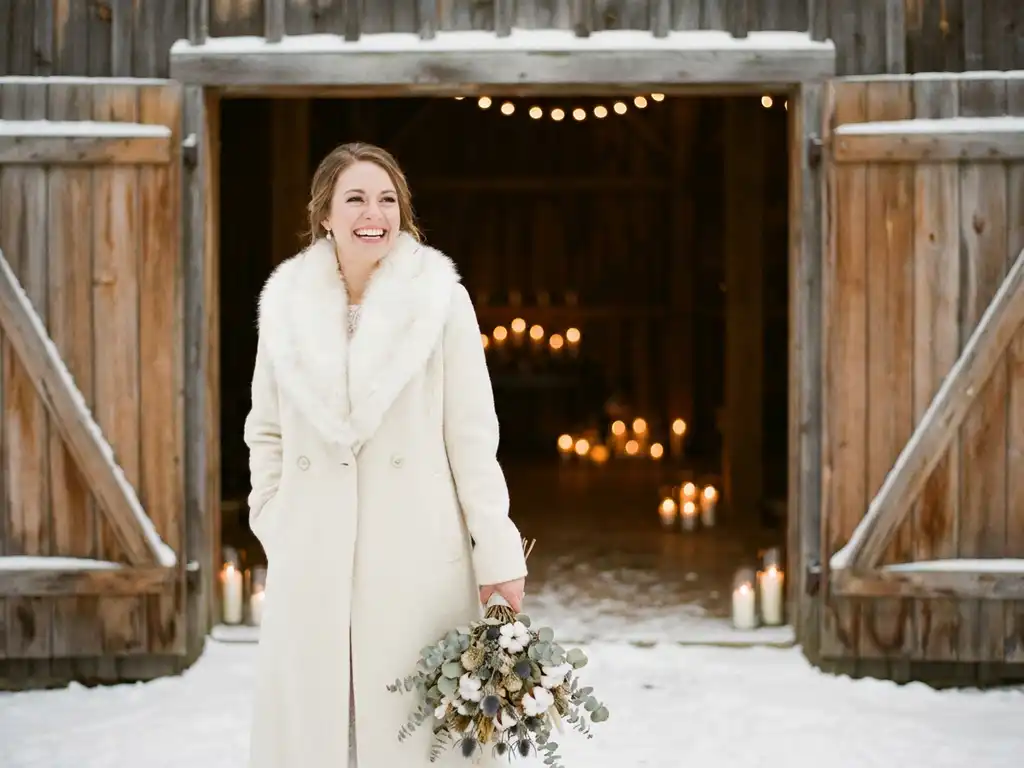 Braut in elfenbeinfarbenem Wollmantel und weißem Pelzstola steht in rustikaler Scheuneneingang im Winter mit Trockenblumenstrauß.
