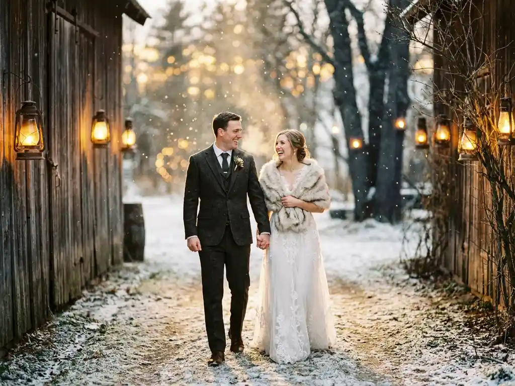 Brautpaar in Winterkleidung Hand in Hand in einem rustikalen Bauernhof, goldenes Laternenlicht und sanfte Schneeflocken.