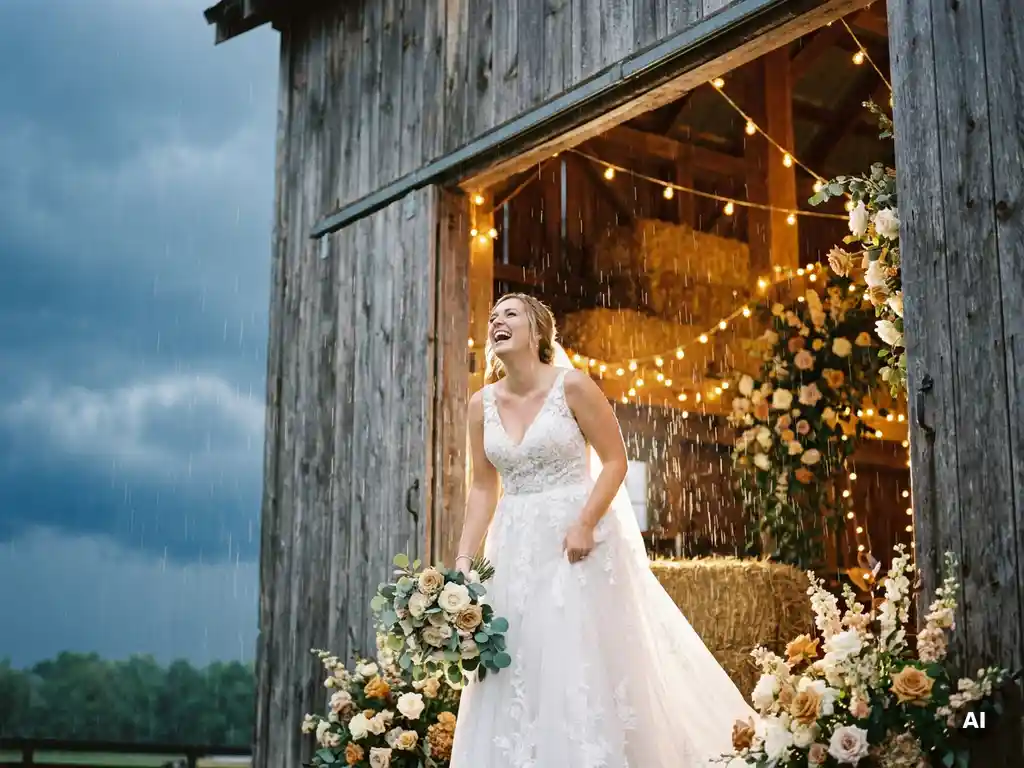 Braut im weißen Hochzeitskleid lacht unter rustikalem Scheunentor bei starkem Regen, warmes goldenes Licht und Blumenarrangements im Hintergrund.