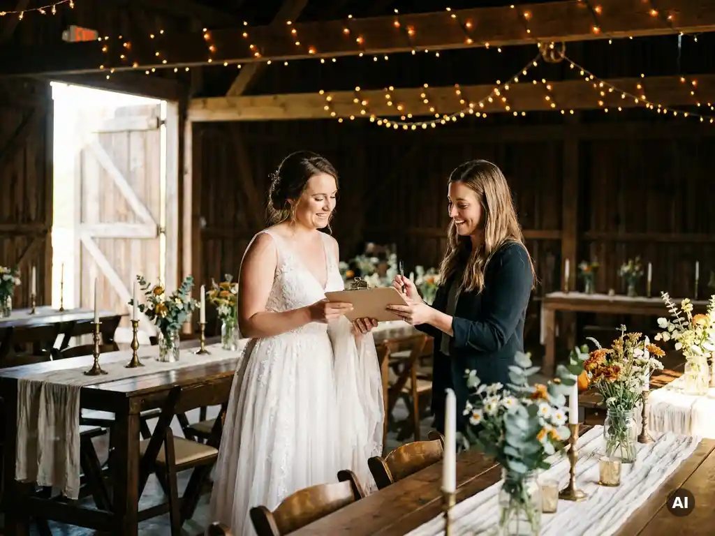 Braut im weißen Hochzeitskleid mit Koordinatorin in rustikaler Scheunenlocation, Wildblumen-Tischdekoration und warmem Lichterkettenschein.