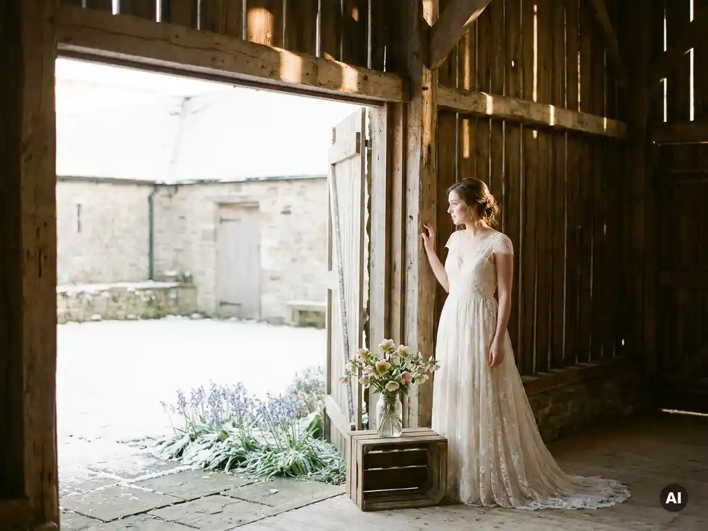 Braut im weißen Hochzeitskleid in rustikaler Scheunentür, goldenes Licht, Schnee im Hof, Wildblumen im Einmachglas.