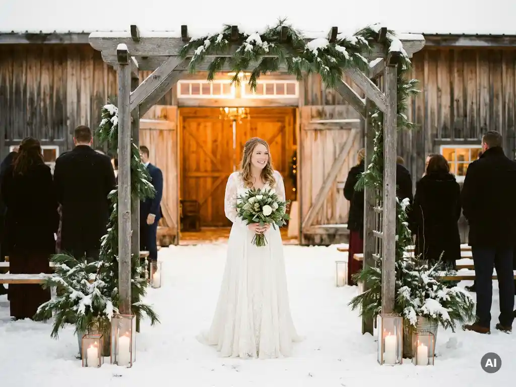 Braut im weißen Kleid unter schneebedecktem Holzbogen mit Tannenzweigen und Kerzenlicht in rustikaler Scheune.