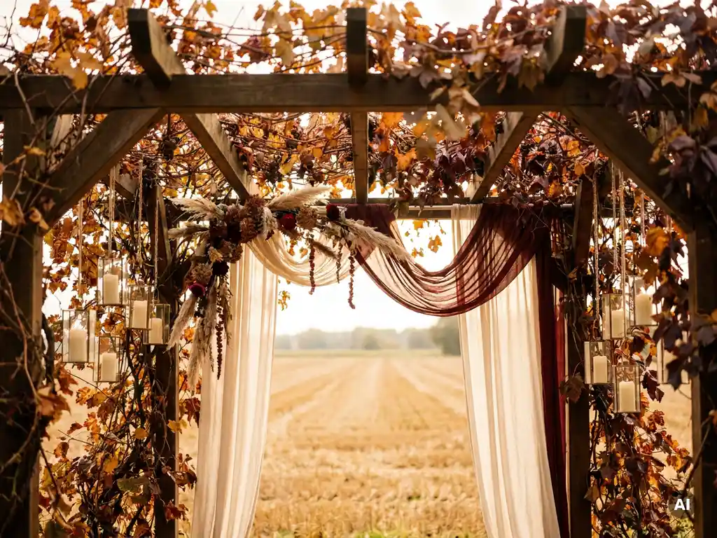 Rustikale Holzpergola mit Herbstlaub in Amber und Burgunderrot, Kerzen und Trockenblumen, mit Blick auf ein goldenes Erntefeld in Niedersachsen.