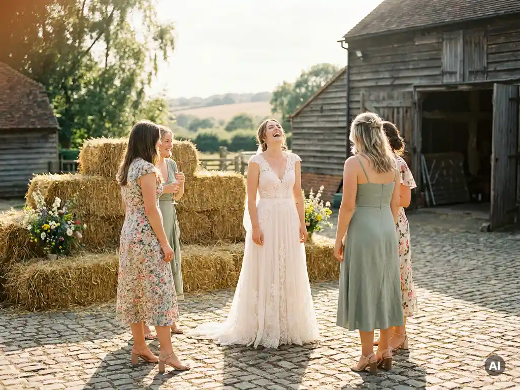 Braut in weißem Kleid lacht mit Gästen auf sonnigem Bauernhof, Heuballen und Wildblumen vor rustikaler Holzscheune.