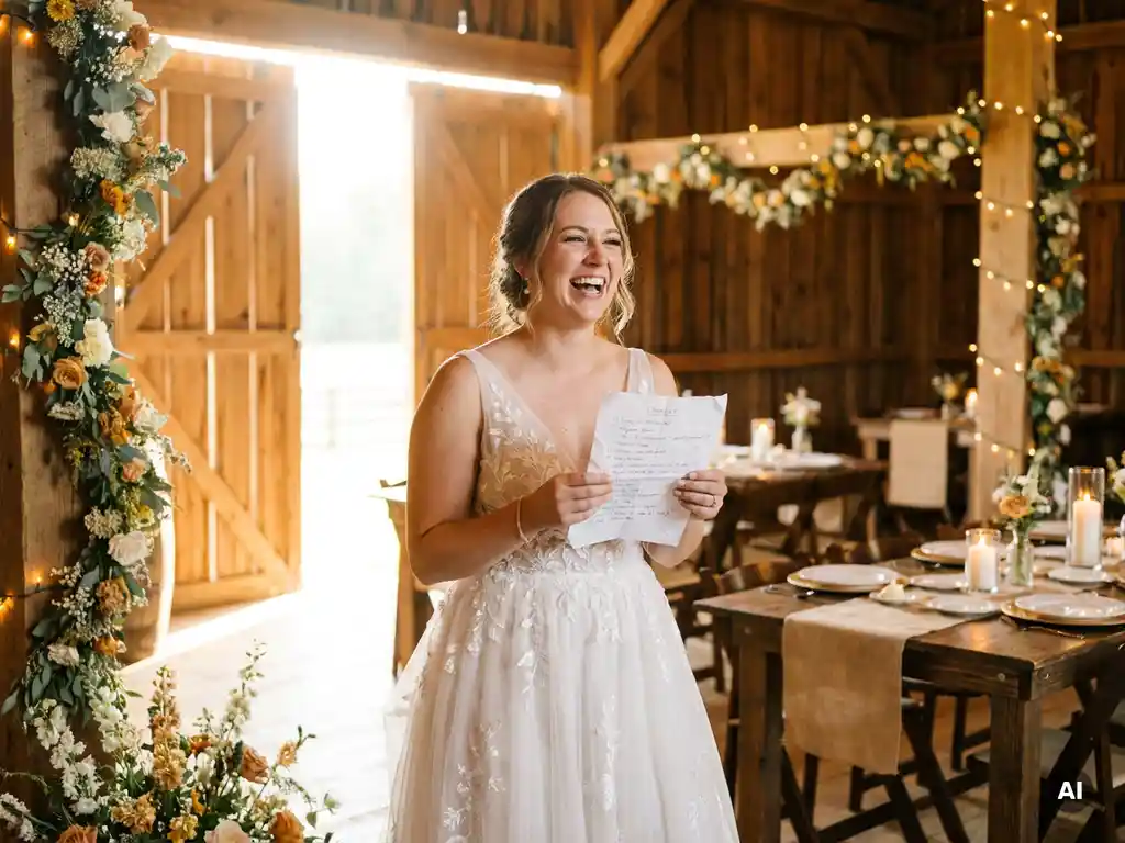 Lachende Braut im weißen Hochzeitskleid mit handgeschriebener Checkliste in rustikaler Scheune mit Lichterketten und Wildblumen.