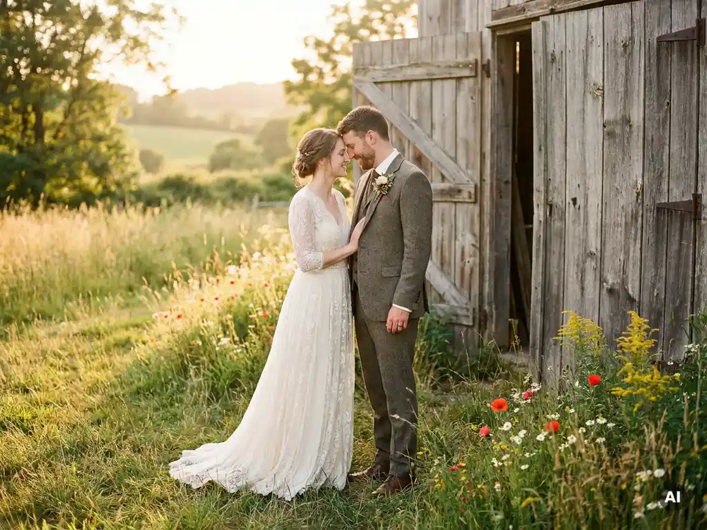 Brautpaar in eleganter Hochzeitskleidung vor verwitterten Holzscheunentoren und grünen Feldern im warmen Goldstundenlicht.