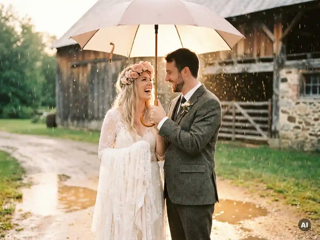Lachendes Brautpaar unter einem Regenschirm vor rustikaler Holzscheune, goldenes Licht glitzert in Regentropfen, romantischer Hochzeitsmoment.