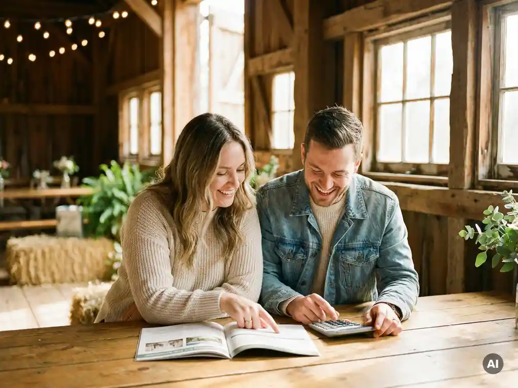 Lächelndes Paar plant Hochzeit mit Broschüre und Taschenrechner in rustikaler Scheune mit warmem Goldlicht.