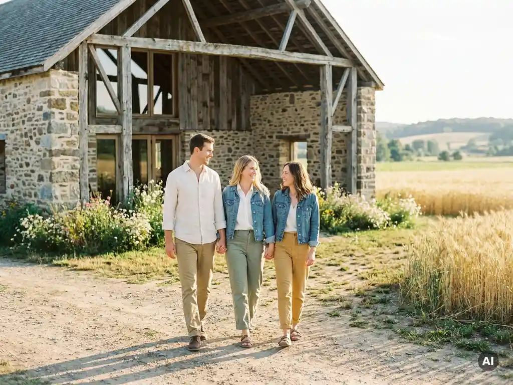 Paar in Alltagsoutfits spaziert Hand in Hand durch einen sonnigen Gutshof mit renovierter Scheune und Wildblumen im Hintergrund.