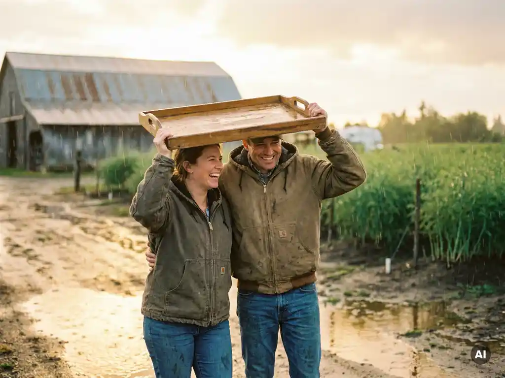 Lachendes Pärchen nutzt ein Holztablett als Regenschutz bei einem Sommerregen, Spargelfelder und Scheune im goldenen Hintergrund.