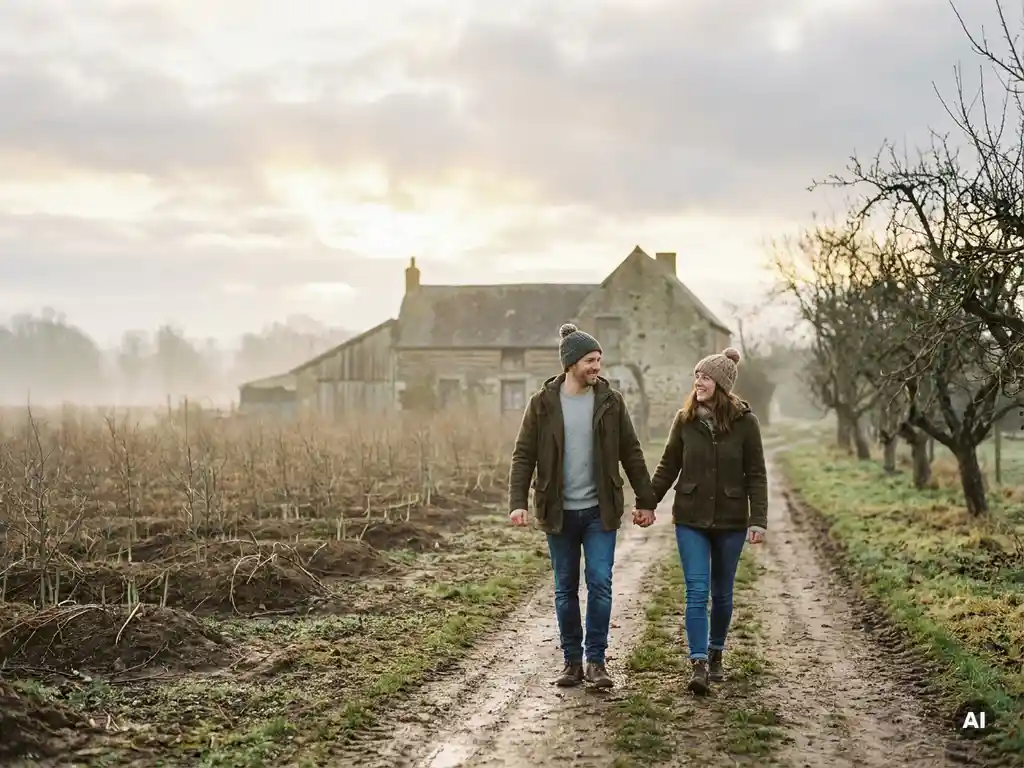 Paar in Alltagskleidung spaziert Hand in Hand durch nebligen Spargelfeld neben rustikalem Bauernhaus im Winter.