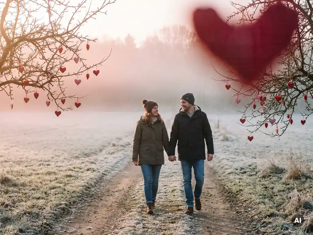 Paar in Alltagskleidung geht Hand in Hand durch winterlichen Weg in Niedersachsen mit roten Herzen an kahlen Ästen im Februarmorgen-Nebel.