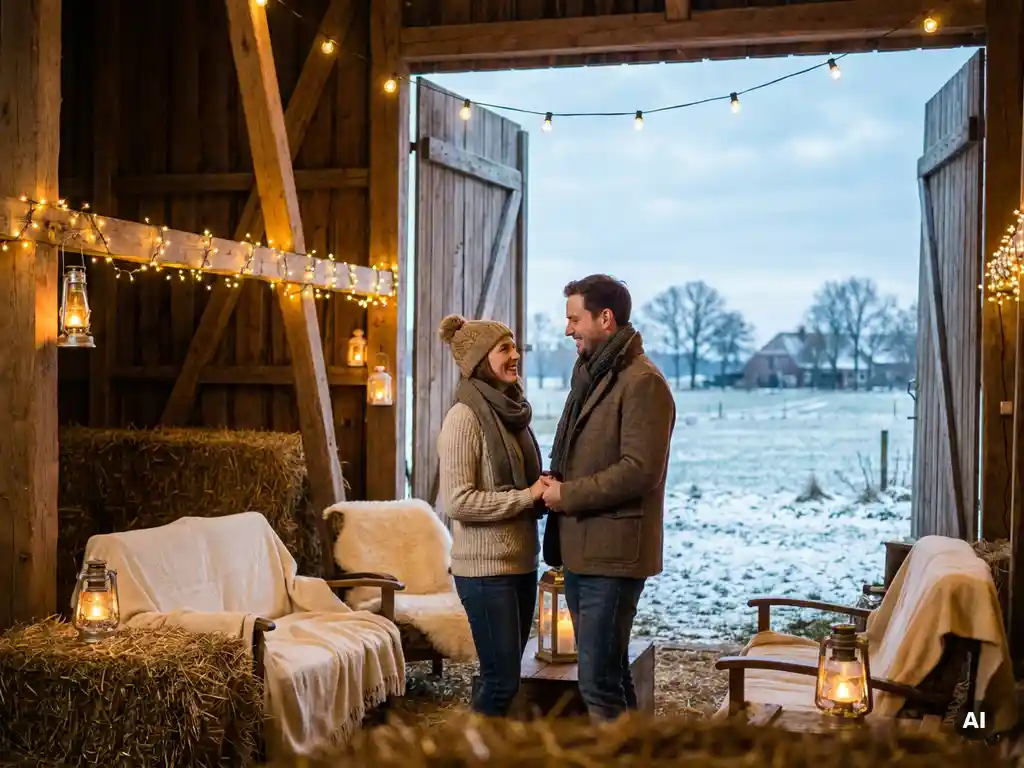 Paar in gemütlichen Winteroutfits in einer rustikalen Scheune mit Lichterketten, Holzbalken und verschneiter niedersächsischer Landschaft im Hintergrund.