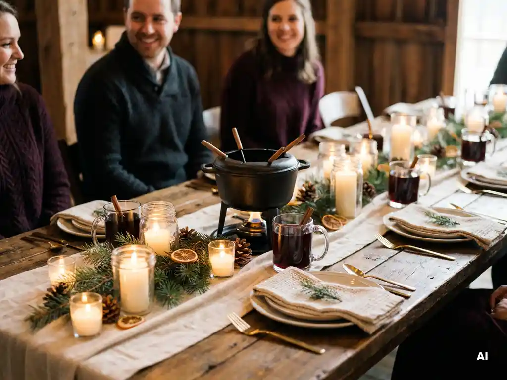 Rustikaler Hochzeitstisch mit FondueTopf, Glühwein, Kerzen, Tannenzweigen und getrockneten Orangenscheiben in einem Scheunensaal.
