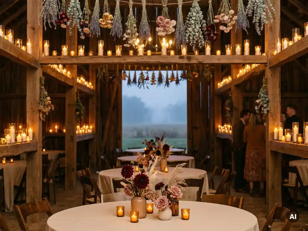 Rustikale Hochzeitsscheune mit Trockenblumen, Kerzenambiente und herbstlichen Bouquets in Burgund und Altrosa auf runden Tischen.