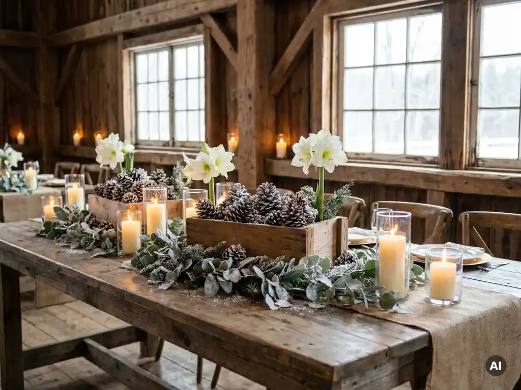 Rustikale Scheune mit Winterhochzeit-Dekoration: Tannenzapfen, weiße Amaryllis und Eukalyptus-Girlanden auf langer Festtafel mit Kerzenglanz.