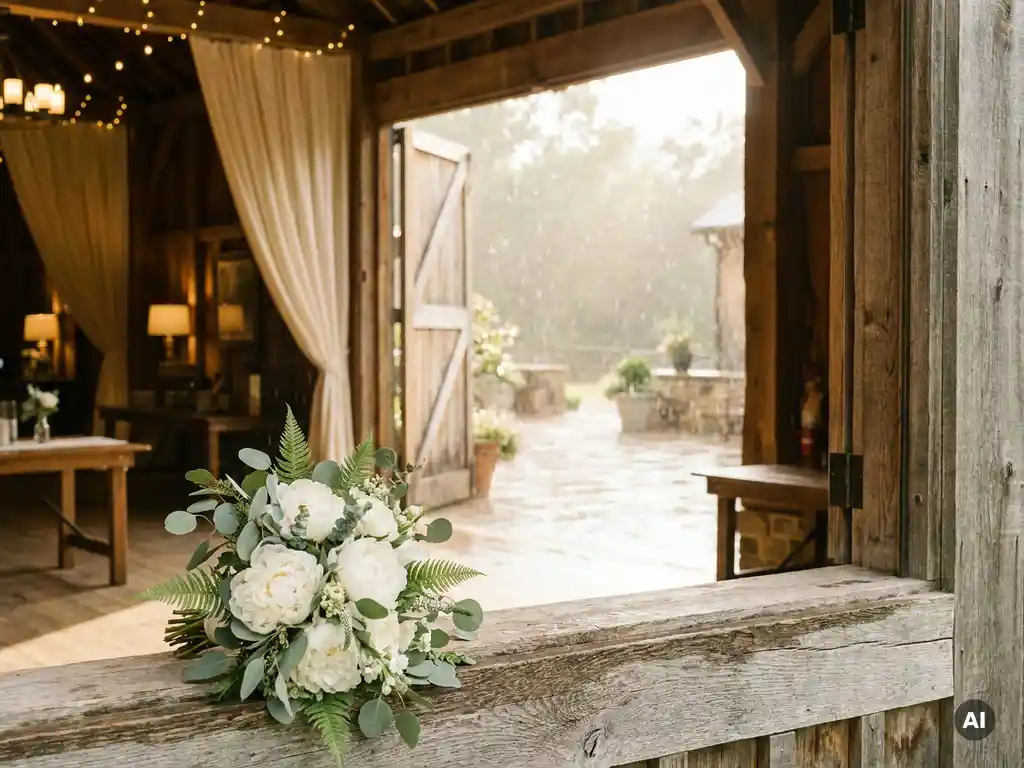 Brautstrauß aus weißen Pfingstrosen auf verwittertem Eichenfensterbrett einer rustikalen Scheunenhochzeit, goldenes Innenlicht, sanfter Regenfall.