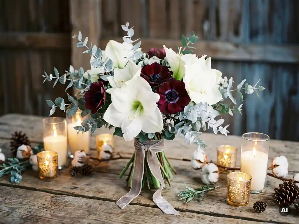 Winterlicher Brautstrauß mit weißen Amaryllis, burgunderroten Anemonen und bereiften Eukalyptuszweigen auf rustikalem Holztisch bei Kerzenschein.