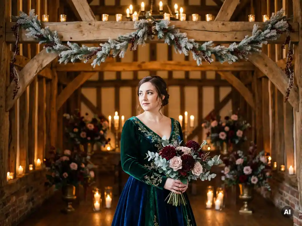 Braut in juwelenfarbenem Winterbrautkleid in rustikaler Scheune mit Burgunderroten Blumen, Kerzenglanz und Tannenzweigen.