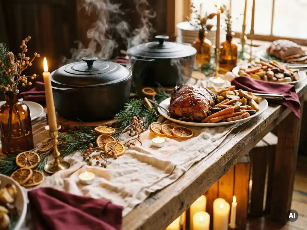 Rustikales Winterhochzeitsbuffet mit Gusseisenpfannen, glasiertem Braten, Wurzelgemüse und Kerzendekor aus getrockneten Orangen und Tannenzweigen.