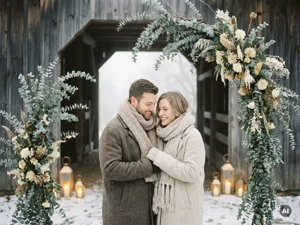 Paar in Wollmänteln und Strickschals unter einem rustikalen Holzbogen mit Eukalyptus und Winterblumen, Laternen im Schnee, warmes Kerzenlicht.