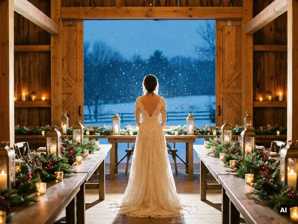 Braut im weißen Kleid in rustikaler Scheunenhochzeit mit Tannenzweigen, Beerengirlanden und Kerzenlicht an Winternacht.