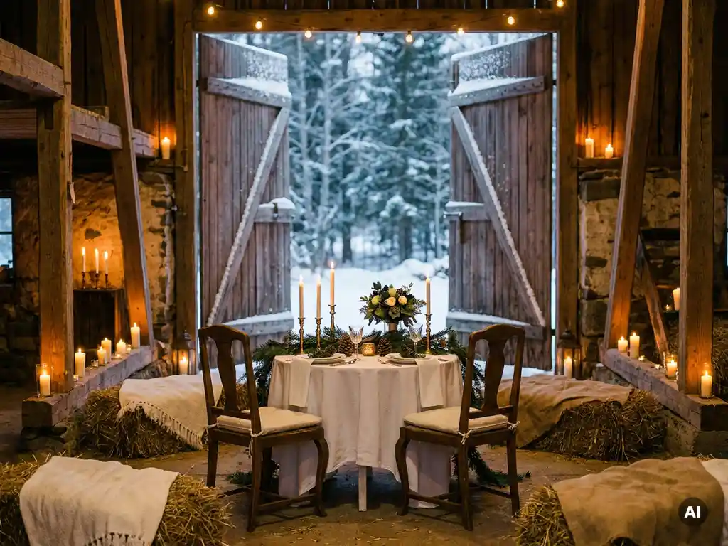 Rustikale Scheune mit Kerzenlicht zur Winterhochzeit, runder Tisch mit weißem Leinen, Tannenzweigen und goldenen Kerzen, Schnee durch Holztüren sichtbar.