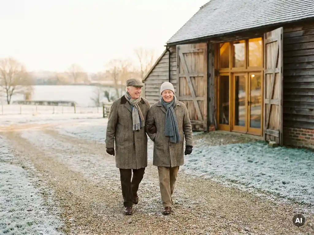 Älteres Paar in eleganter Winterkleidung geht Arm in Arm auf verschneitem Kiesweg zu einer rustikal beleuchteten Scheune.