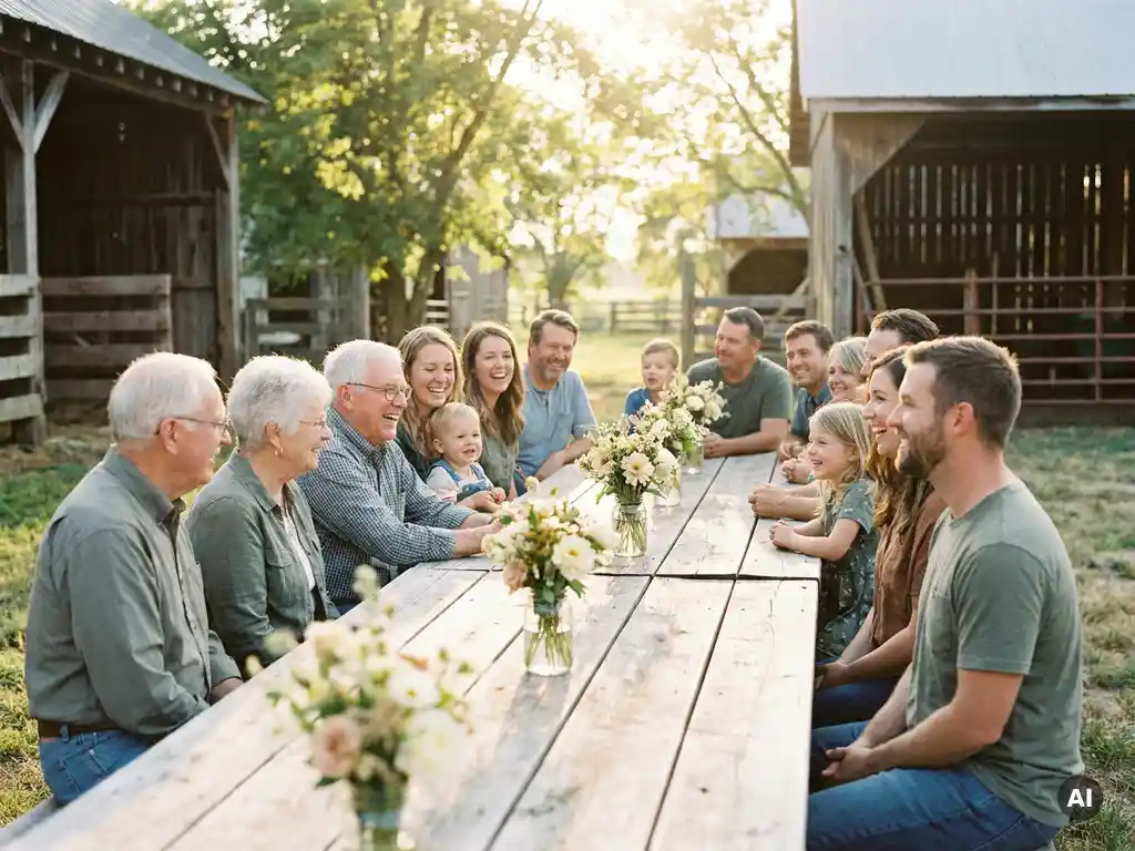 Mehrgenerationenfamilie in Alltagskleidung an einem rustikalen Holztisch im sonnenbeschienenen Gutshof mit Wildblumen-Tischdeko.