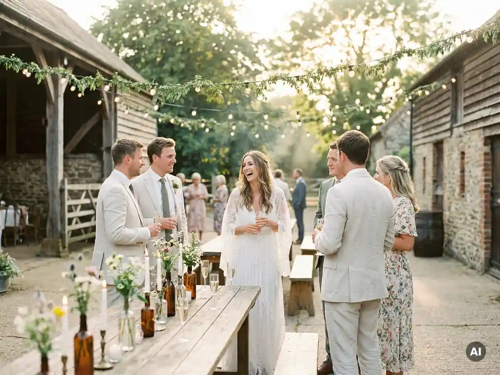 Braut im weißen Kleid lacht mit Gästen beim Hochzeitsessen im Freien, rustikale Holztische mit Wildblumen und Champagnergläsern im niedersächsischen Gutshof.