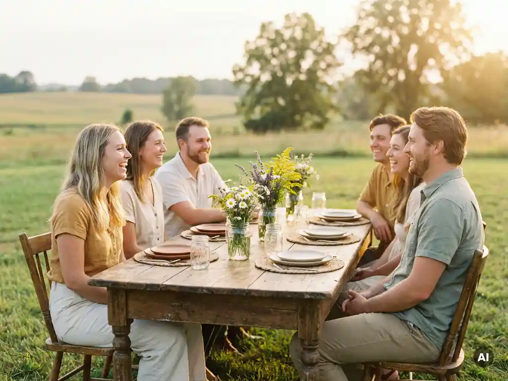 Sechs Freunde lachen ausgelassen an einem rustikalen Holztisch im Freien, umgeben von Wildblumen und goldenen Feldern im Abendlicht.