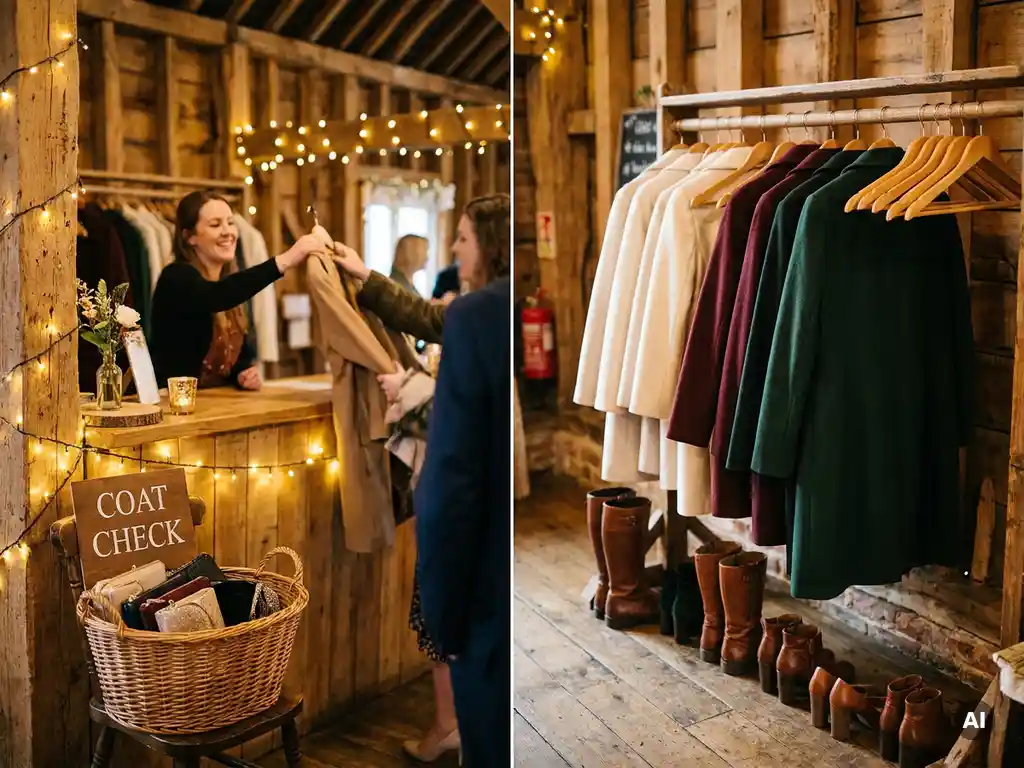 Garderobe in rustikaler Scheunenhochzeit mit eleganten Wintermänteln in Elfenbein, Burgund und Waldgrün, Stiefeln und Lichterketten.