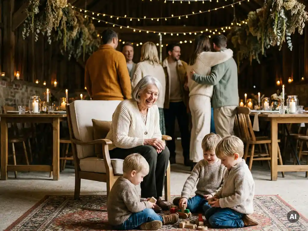 Silberhaarige Großmutter lacht mit zwei Kindern in rustikaler Scheune, Lichterketten und Kerzenschein, familiäres Weihnachtstreffen.