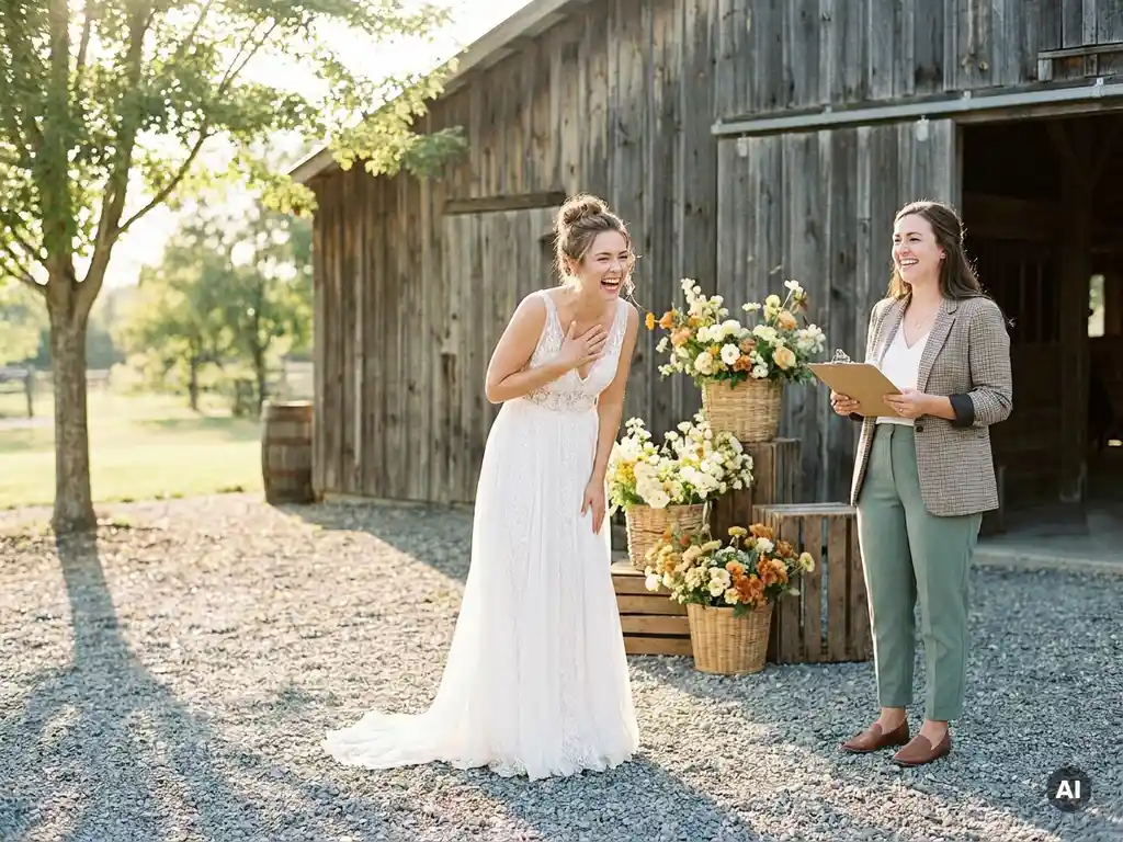 Lachende Braut im weißen Kleid mit Hochzeitsplanerin beim rustikalen Scheunenhof, umgeben von Wildblumen im goldenen Nachmittagslicht.
