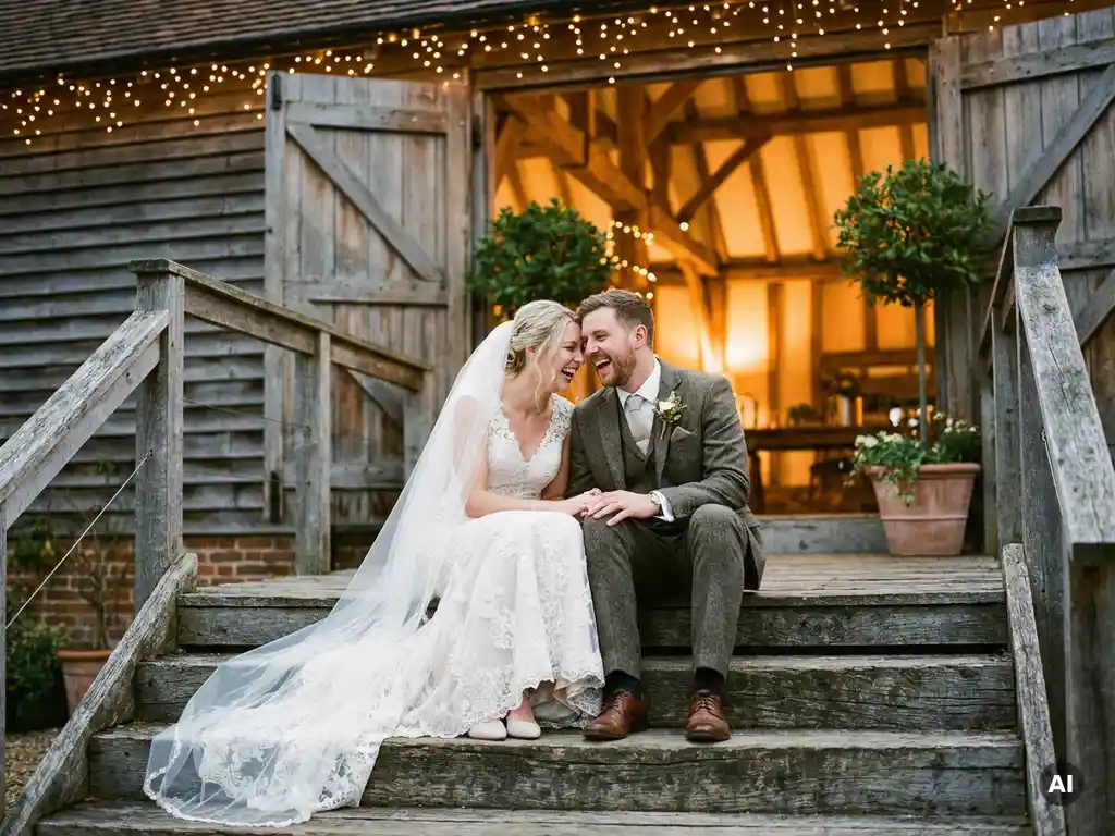 Lachendes Brautpaar in eleganter Hochzeitskleidung auf rustikalen Holzstufen einer Scheune mit warmem Feenlicht bei Dämmerung.