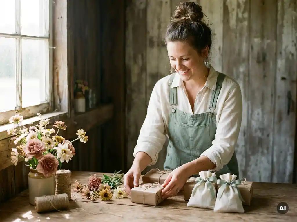 Lächelnde Frau arrangiert Geschenkboxen und Geschenktüten auf rustikalem Holztisch mit Wildblumen und Garn im warmen Nachmittagslicht.