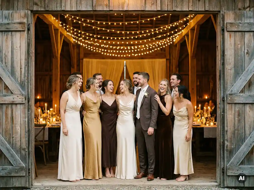 Hochzeitsgesellschaft in eleganter Kleidung lacht in rustikaler Scheune mit goldenen Lichterketten und warmem Kerzenschein.