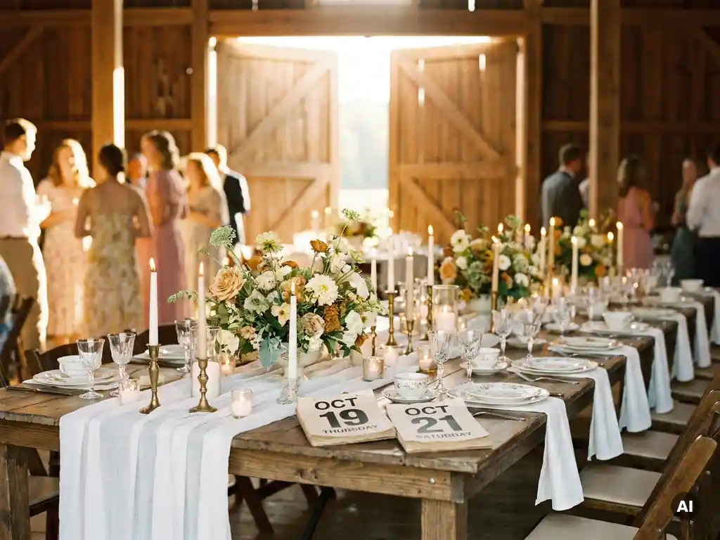 Rustikaler Hochzeitstisch mit weißen Leinen, Kerzen und Wildblumen in einer Scheune, Wochentagskalender zeigt Samstag als Hochzeitstag.