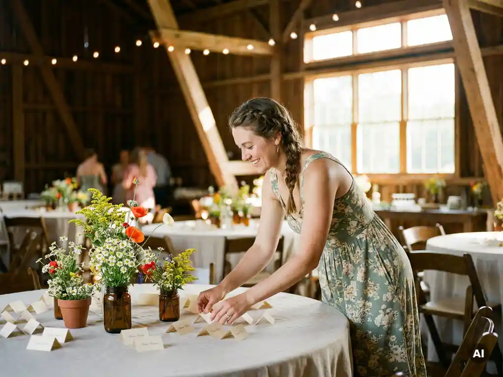Hochzeitsgast im Sommerkleid ordnet Tischkarten zwischen Wildblumen-Centerpieces in einer rustikalen Scheune mit Holzbalken.
