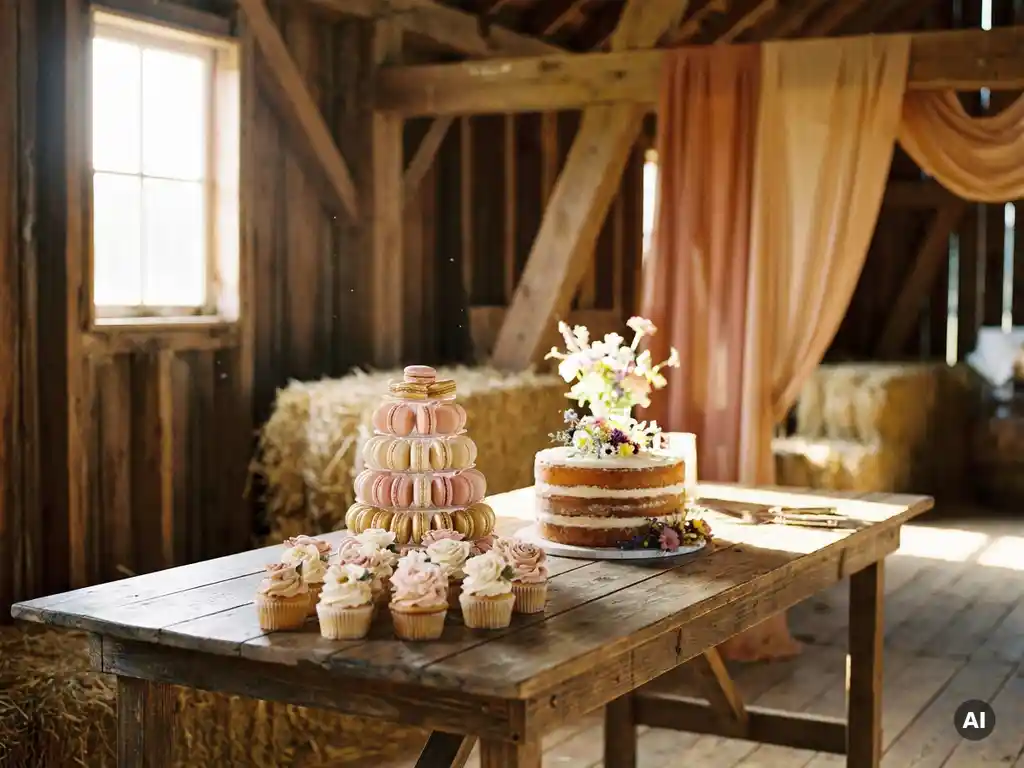 Rustikaler Holztisch mit Macaronturm, Naked Cake mit Wildblumen und dekorierten Cupcakes als Hochzeitstorte-Alternativen in einer sonnigen Scheune.