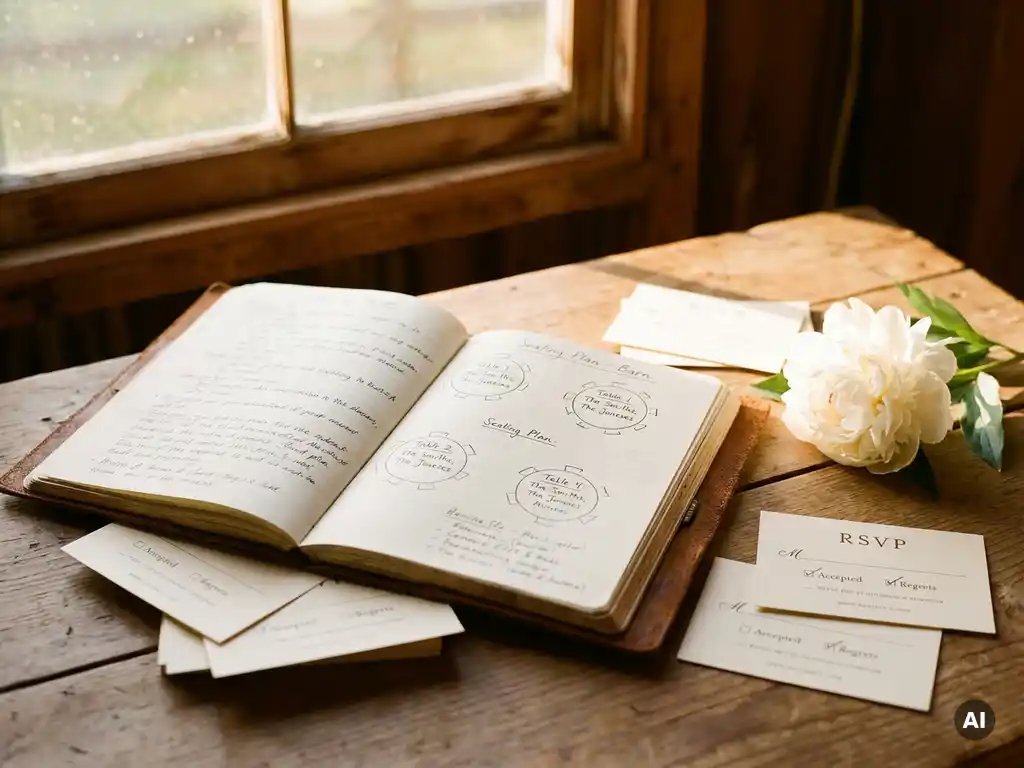 Hochzeitsplaner-Notizbuch mit handgeschriebenen Gästelisten und Sitzordnungsskizzen, umgeben von RSVP-Karten und weißer Pfingstrose auf Holztisch.